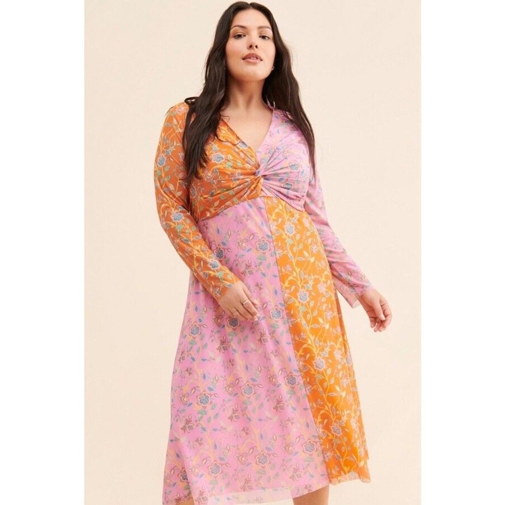Rachel Antonoff Olivia Mesh Midi Dress Long Sleeve V-Neck Twist Front
